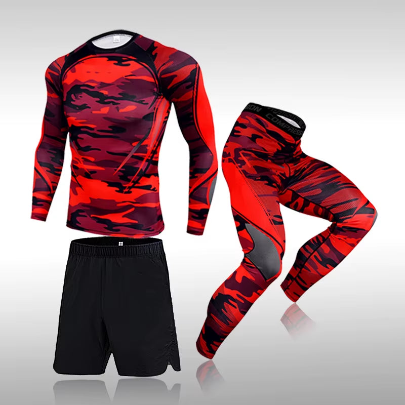3 Pcs Set Men'S Workout Sports Suit Gym Fitness Compression Clothes Running Jogging Sport Wear Exercise Rashguard Men