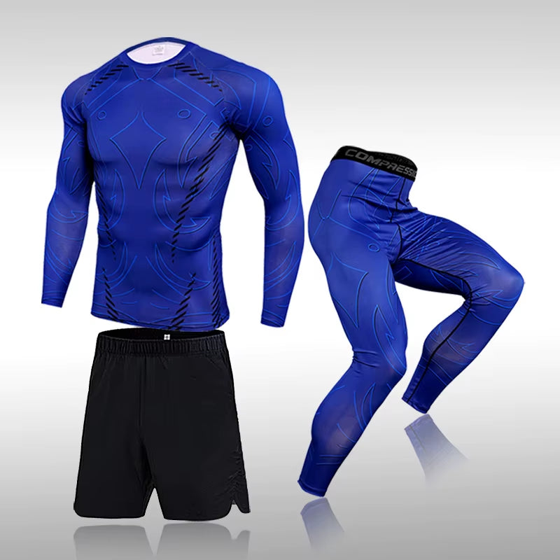 3 Pcs Set Men'S Workout Sports Suit Gym Fitness Compression Clothes Running Jogging Sport Wear Exercise Rashguard Men